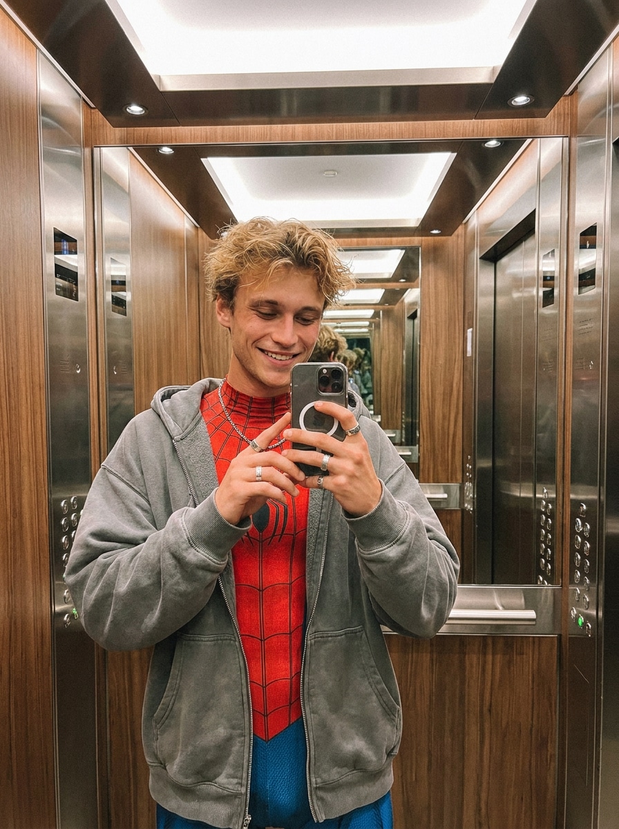 SpiderMan elevator selfie prompt