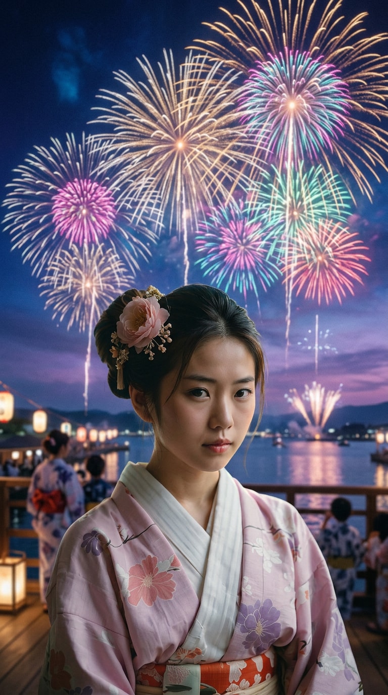 花火大会の幻想的な夜景ポートレート
