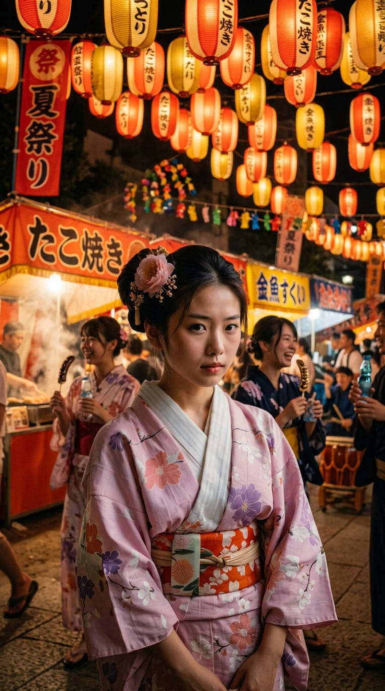 提灯と屋台に囲まれた夏祭りスナップ