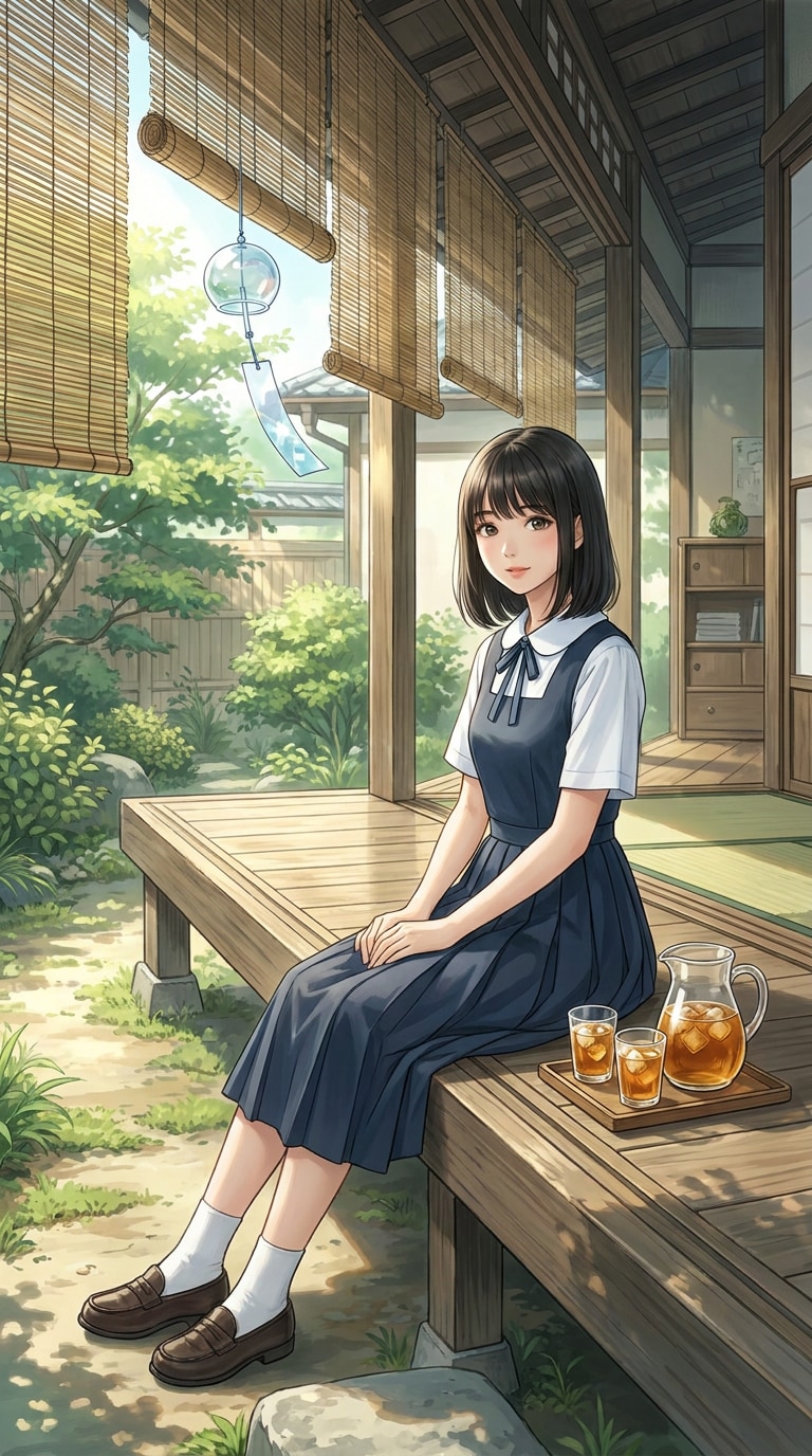 縁側 風鈴 夏休み 背景イラスト AIプロンプト