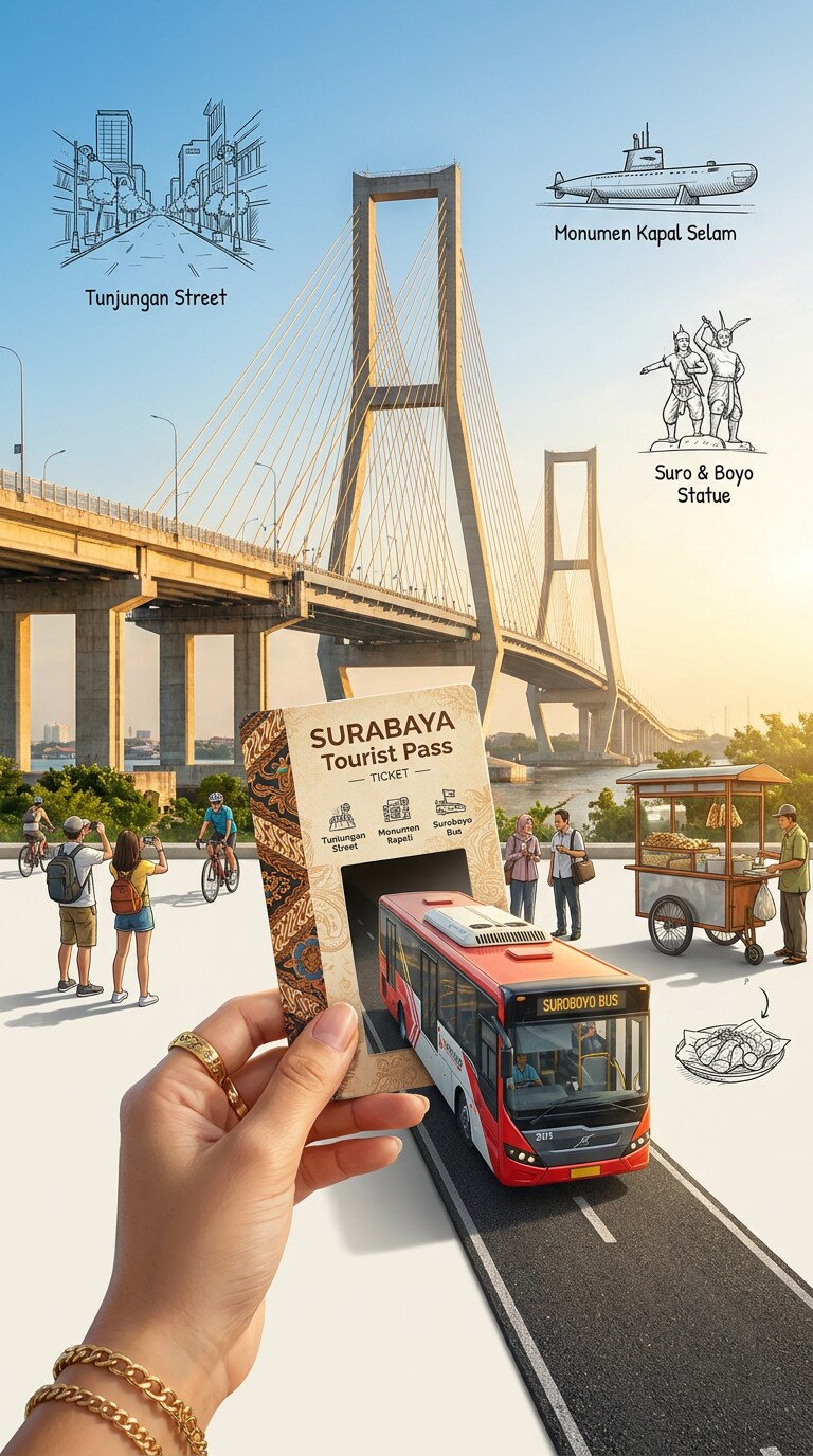 Surabaya Tourist Pass AI image prompt miniature travel poster first frame