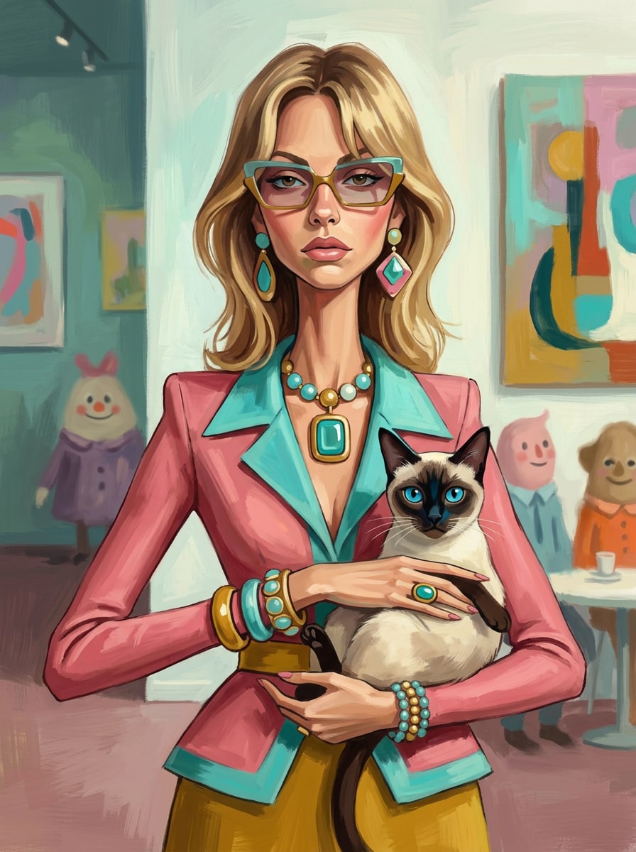 Absurd Museum Muse with Siamese Cat surreal editorial portrait prompt