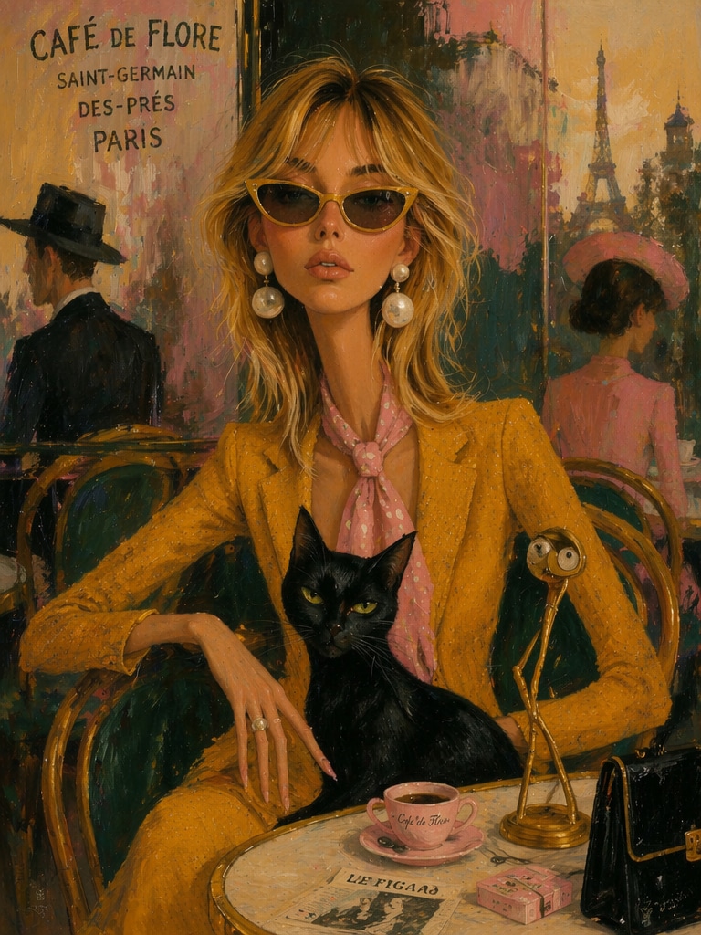 Surreal mid-century portrait with animal companion