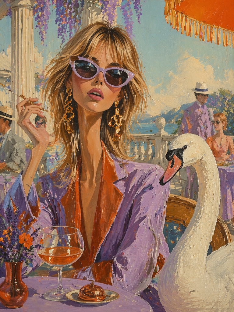Velvet Lady and Swan Terrace surreal editorial portrait prompt
