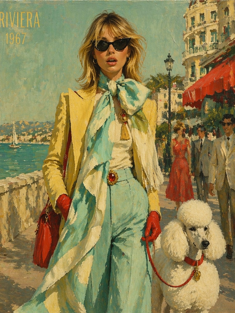 Seaside Editor with Poodle surreal editorial portrait prompt