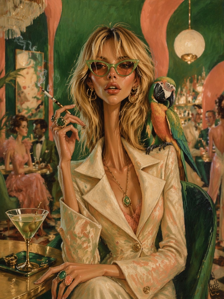 Emerald Host with Parrot surreal editorial portrait prompt