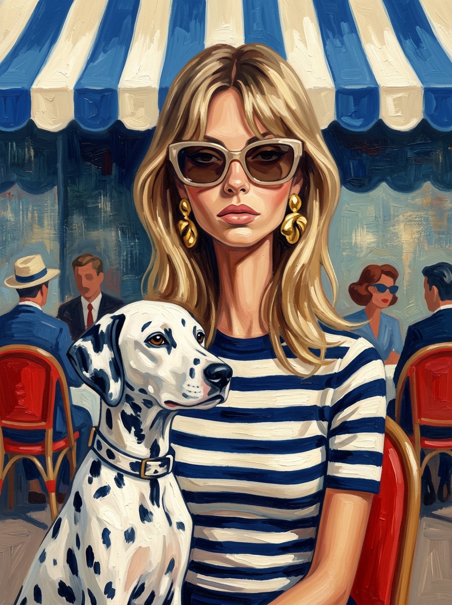 Striped Riviera Couple with Dalmatian surreal editorial portrait prompt