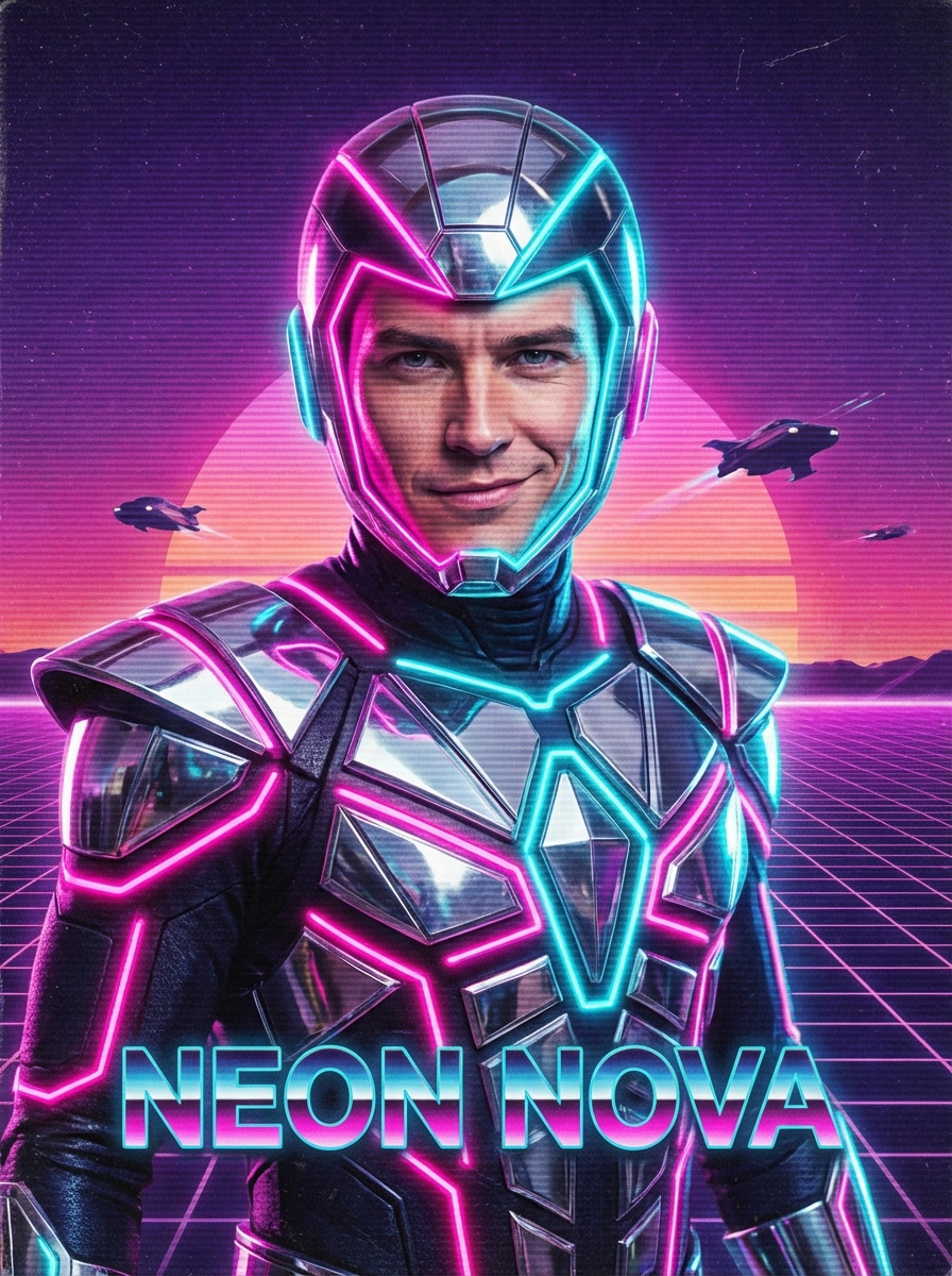 AI superhero generator synthwave style