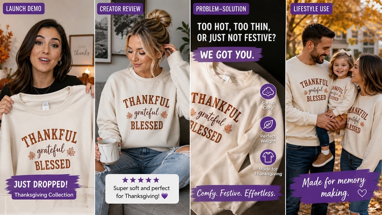 Multiple Thanksgiving Clothes short video styles for ecommerce creative testing