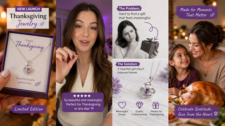 Multiple Thanksgiving Jewelry short video styles for ecommerce creative testing
