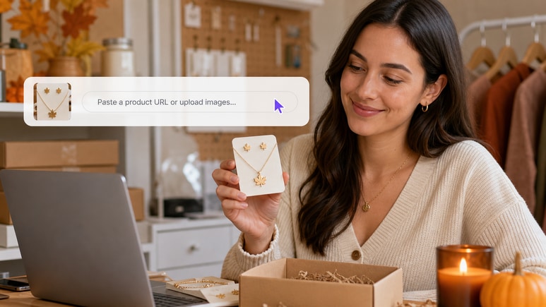 AI Thanksgiving Jewelry workflow turning a product URL or owned images into a product-first video brief