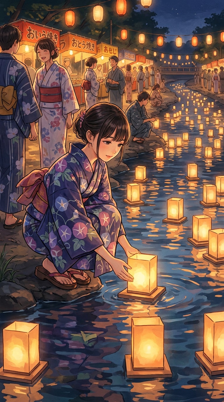 夏祭りと灯籠流しAI画像素材