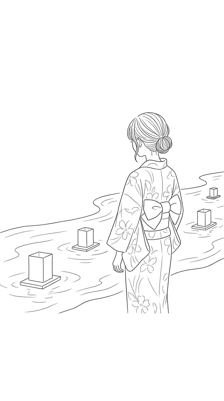 灯籠流し線画イラストAIプロンプト