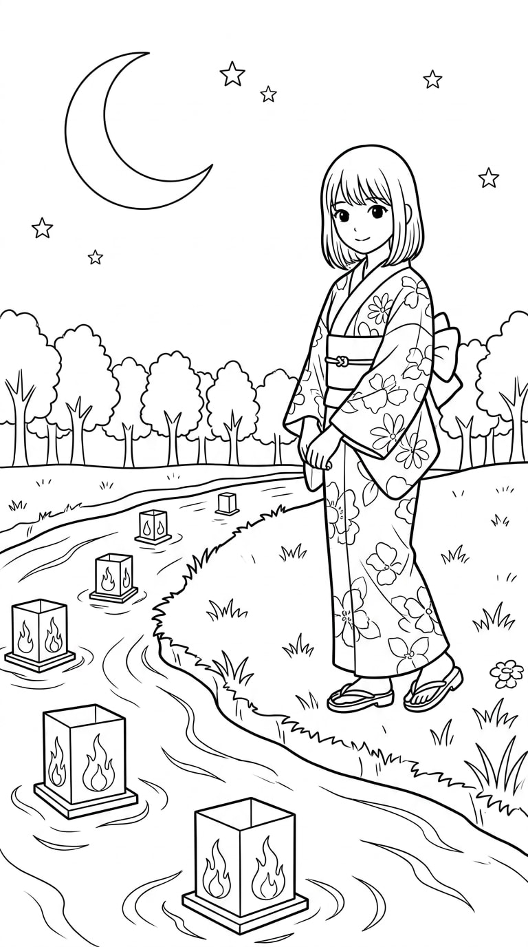 灯籠流しぬり絵AI画像生成プロンプト