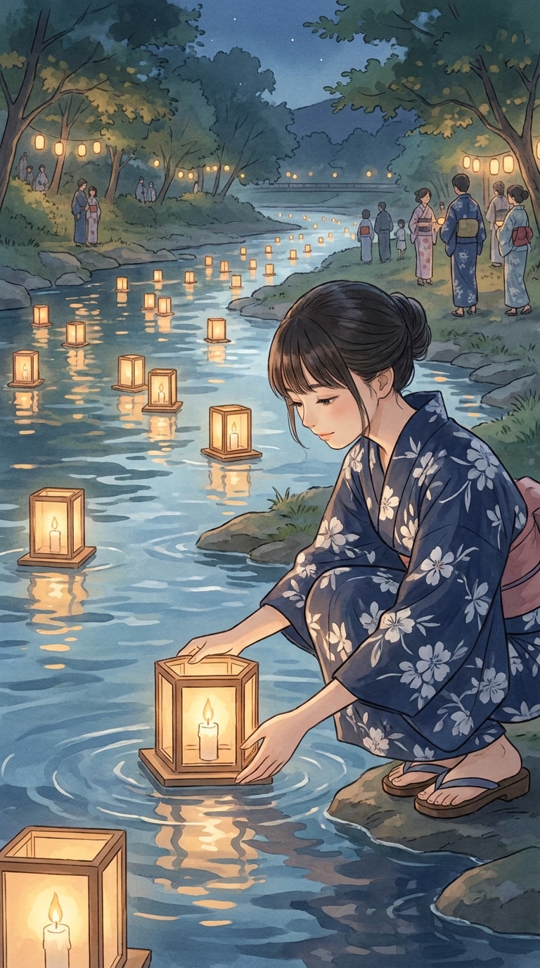 お盆の灯籠流しイラストAI素材