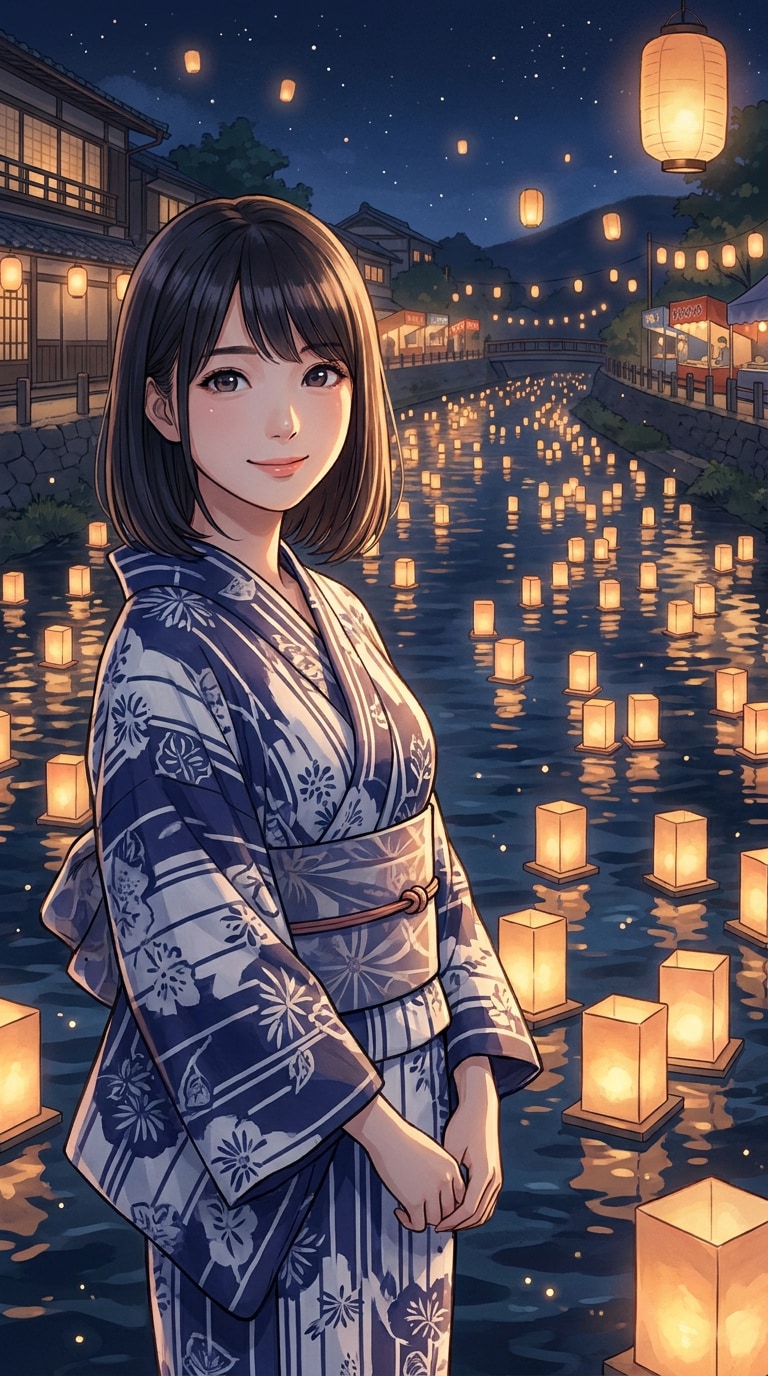 浴衣と灯籠流しのAI画像