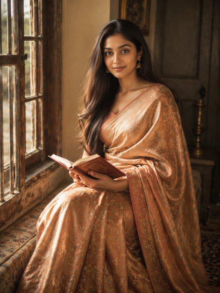 Traditional Girl Reading Book by Window Prompt