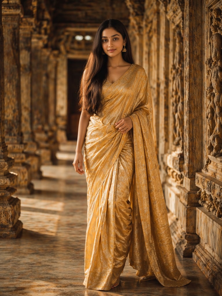 Traditional Girl in Temple Corridor Prompt