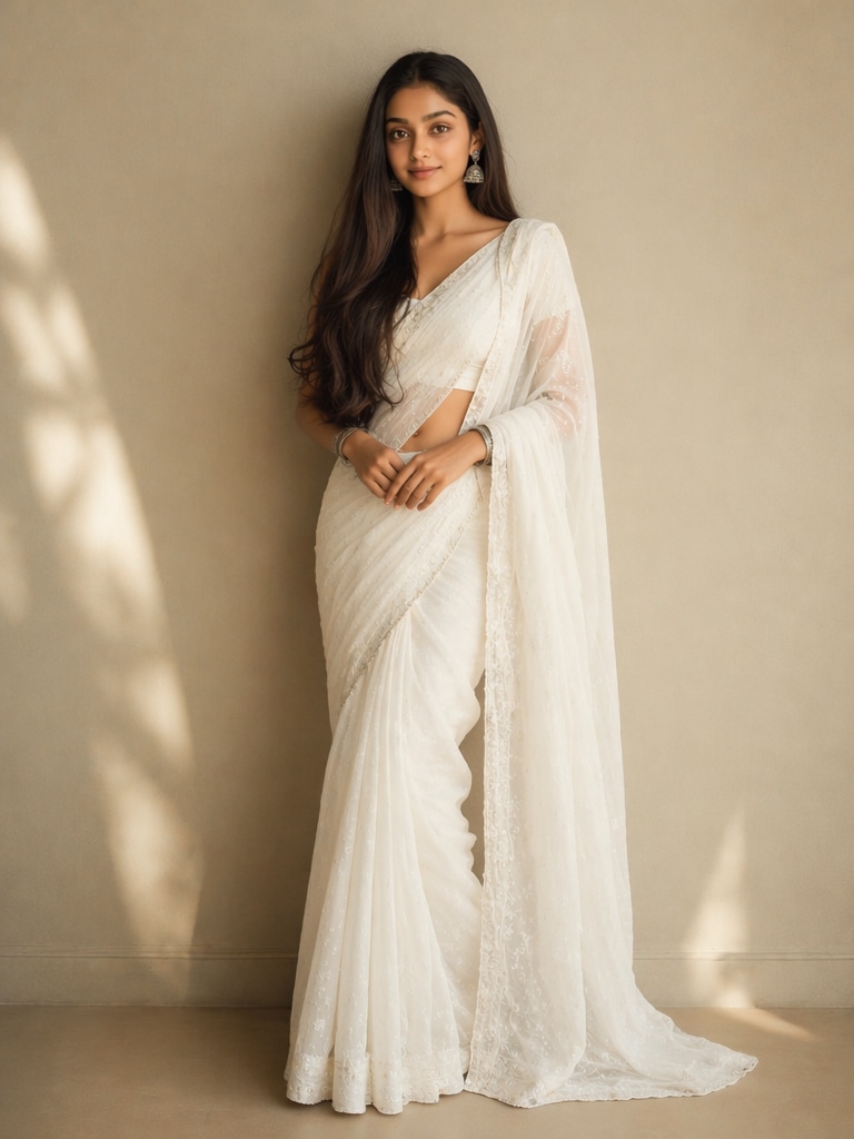 Minimalist White Saree Traditional Look Prompt