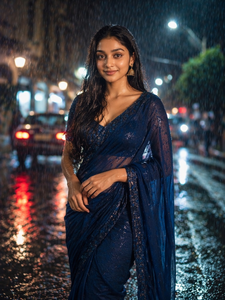Rainy Day Saree Cinematic Portrait Prompt