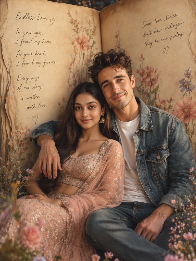 Soft Romantic Poetry Book Prompt trending couple book AI photo editing prompt Instagram
