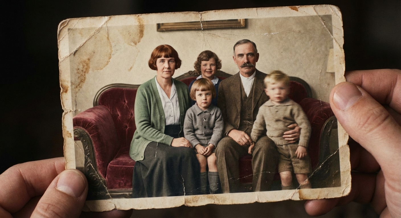 After faded family photo restored in realistic color