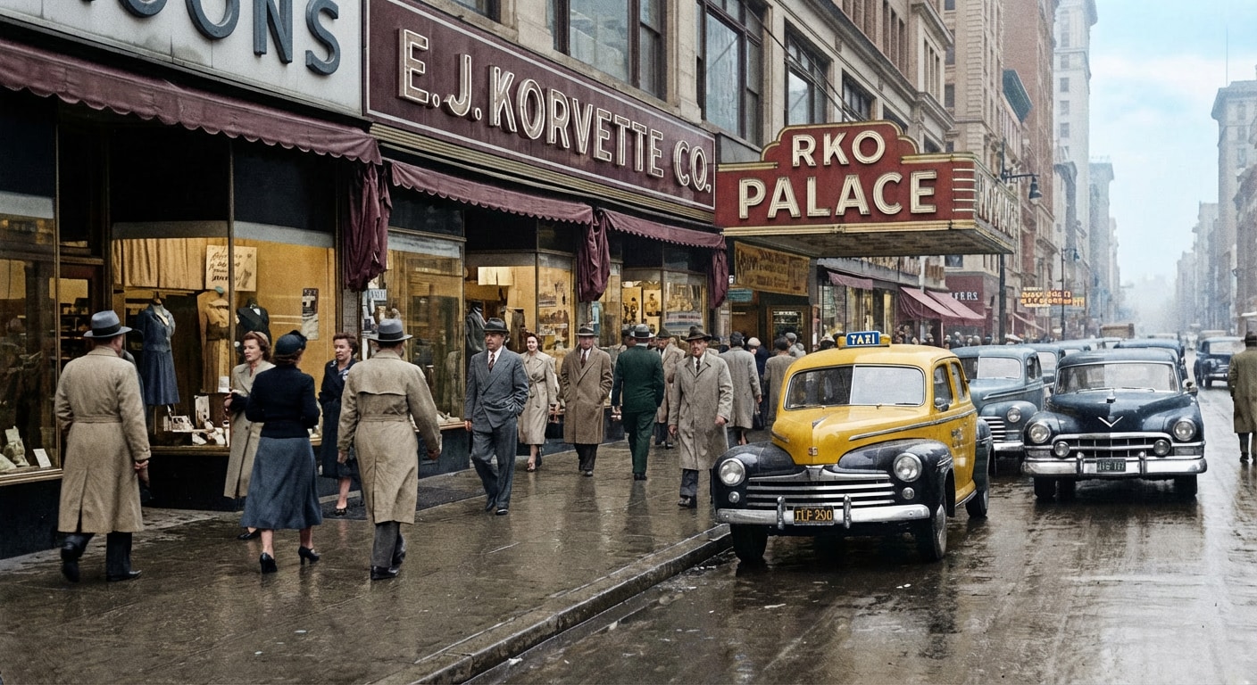 Vintage street scene after realistic colorization