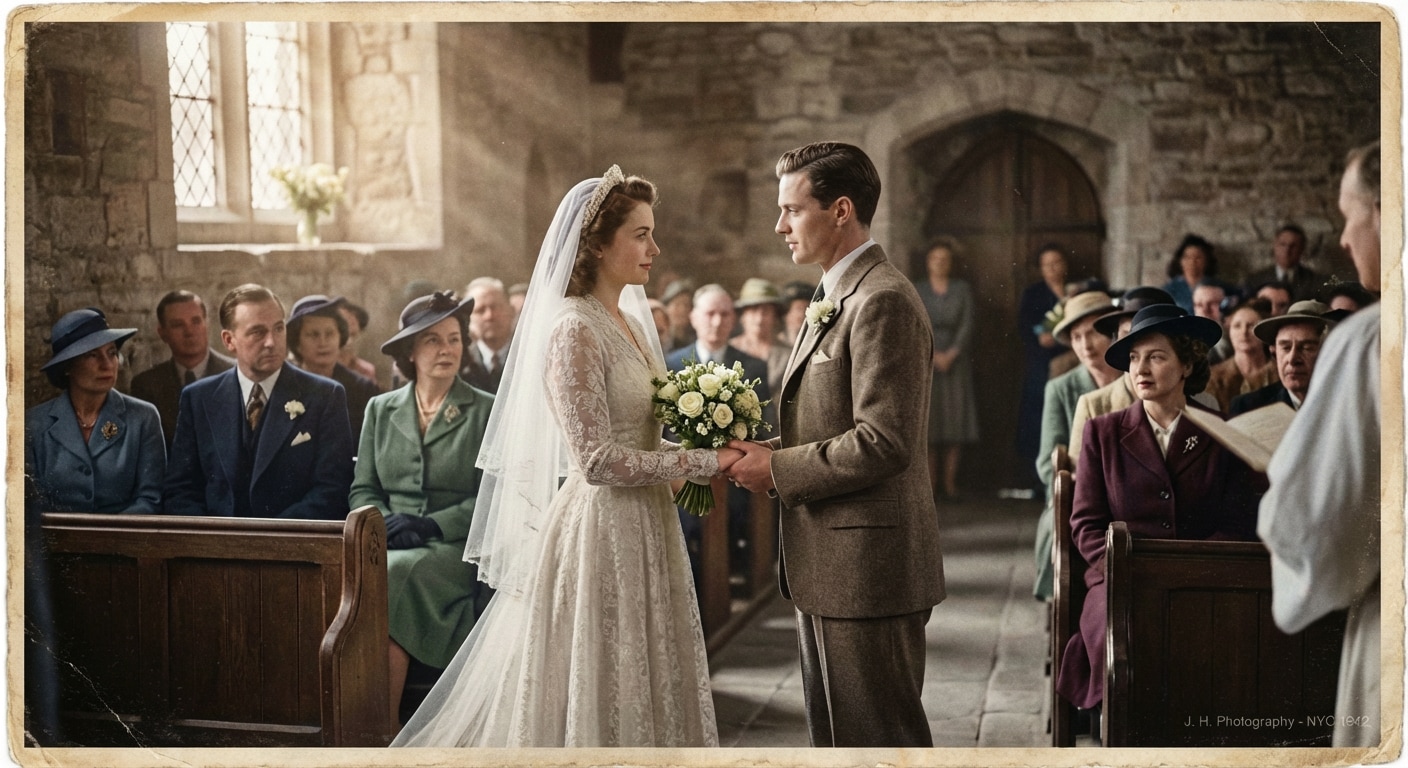 After vintage wedding photo restored in color