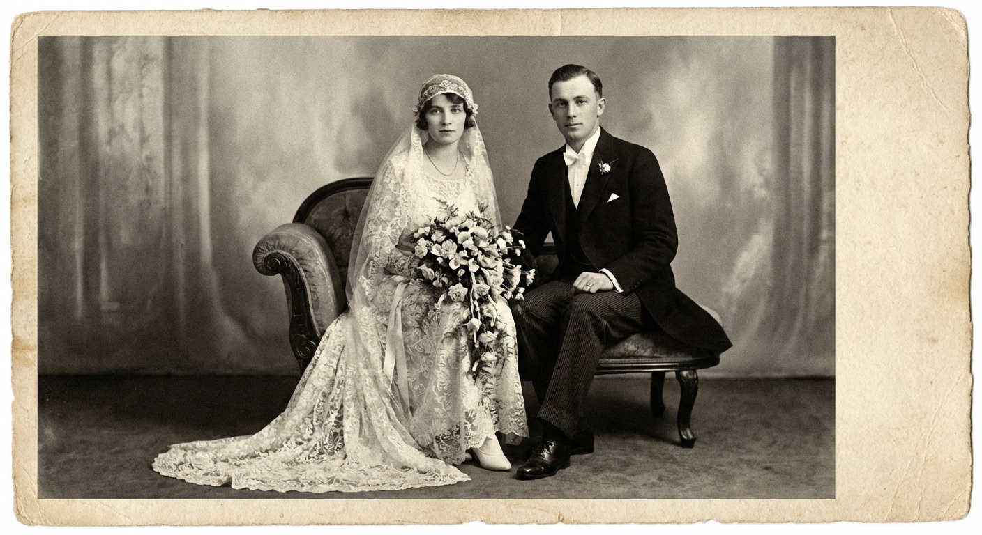 Black and white wedding photo before colorization
