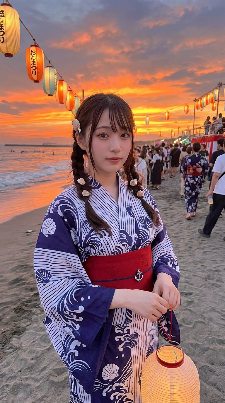 浴衣と海の夕景AI画像