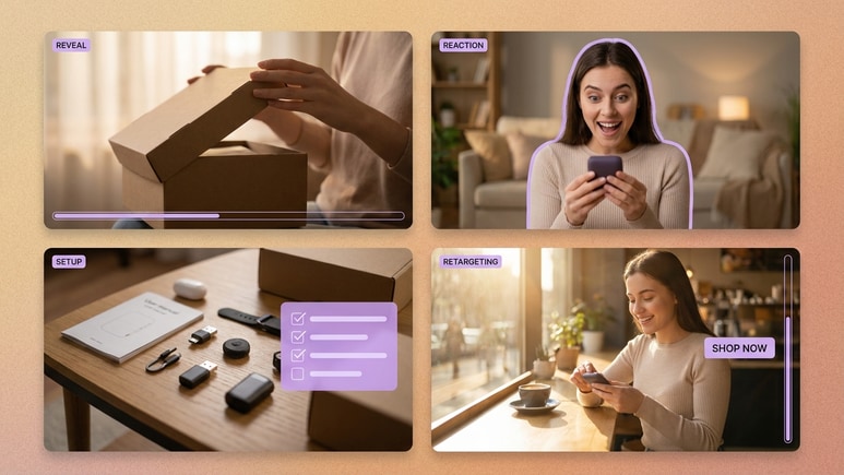 Multiple unboxing video ad styles for product reveal and UGC creative testing