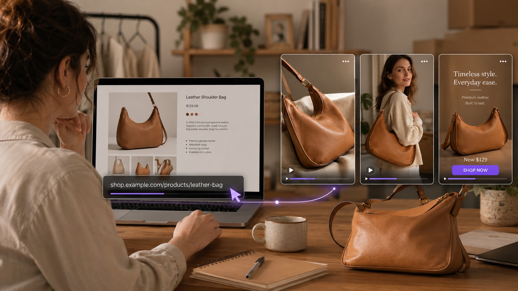 AI Facebook video ad maker turning a product URL into multiple Facebook product video ads