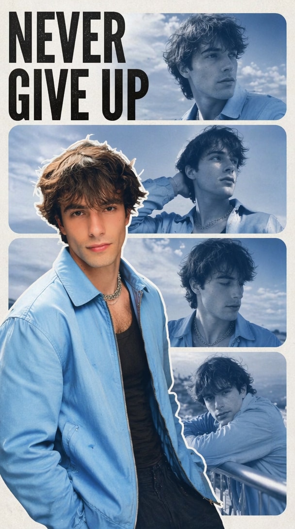 ChatGPT vertical poster collage with four stacked rounded panels, cinematic portrait, editorial collage layout