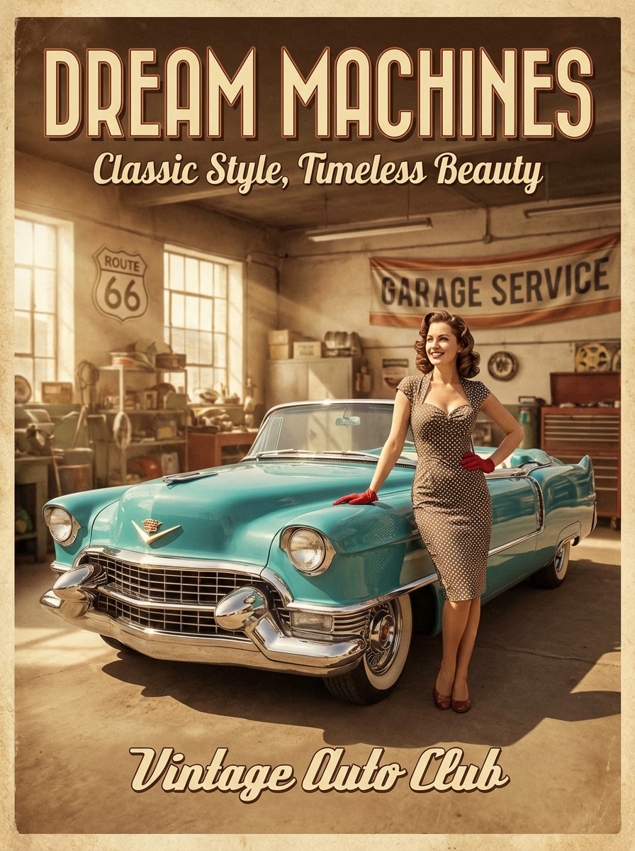Vintage car garage pin-up poster