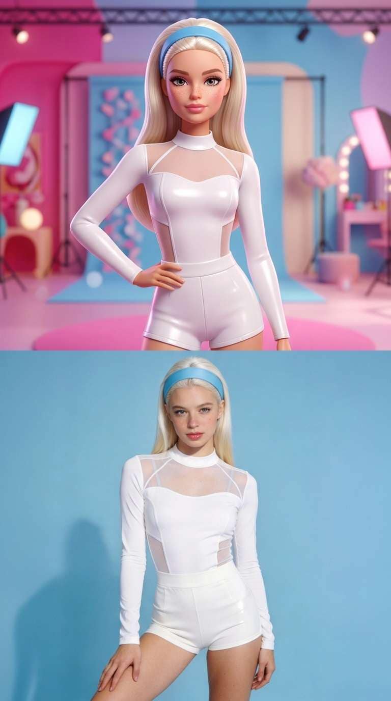 Barbie slideshow AI photo result with animated character above real-life lookalike