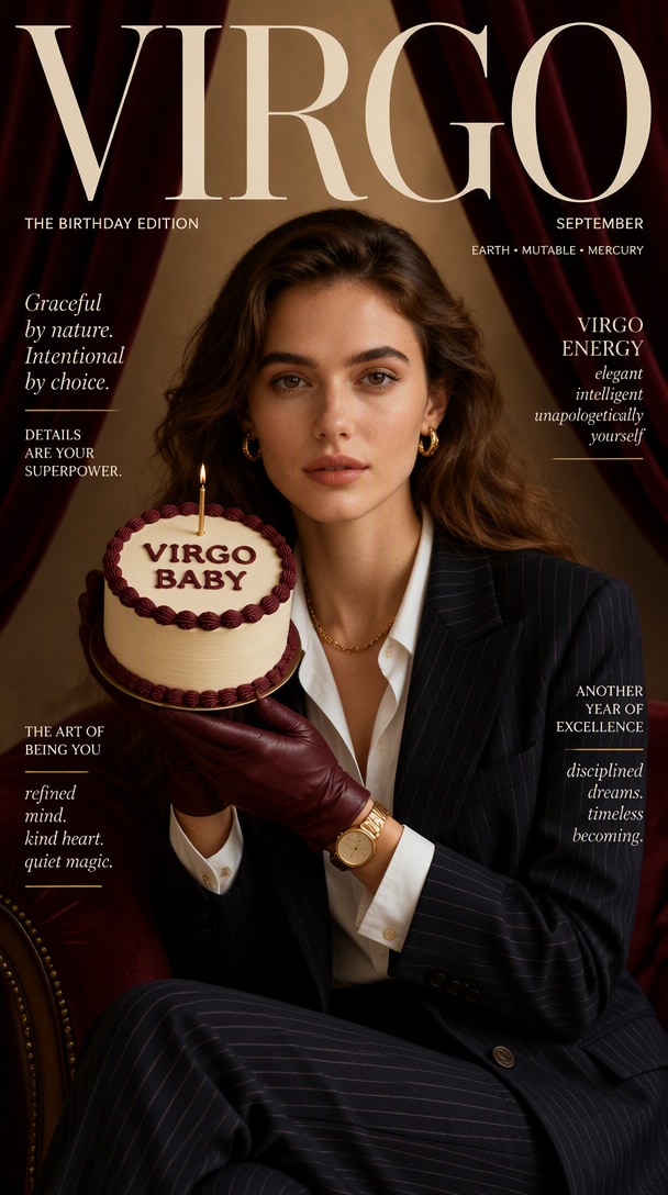 Virgo birthday magazine cover AI portrait with cake, balloons, and editorial styling