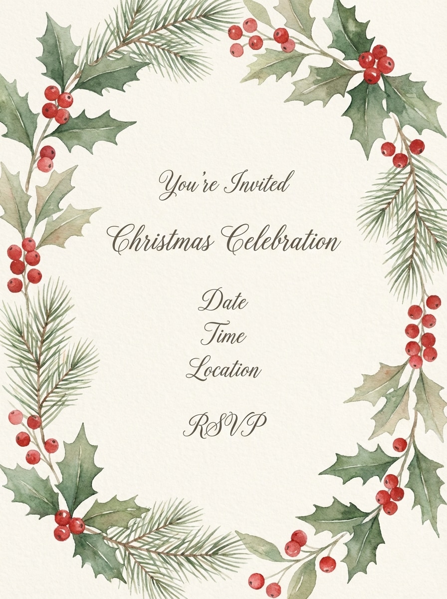 Watercolor Holly and Pine