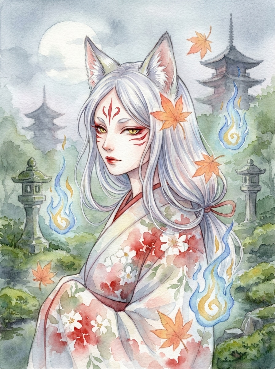 Watercolor Spirit Fox Yokai