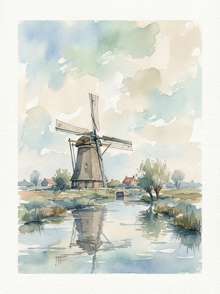 Vintage Watercolor Windmill