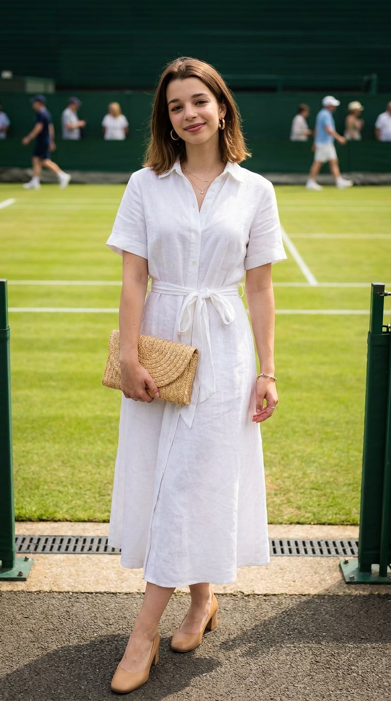 White linen Wimbledon outfit idea AI prompt example
