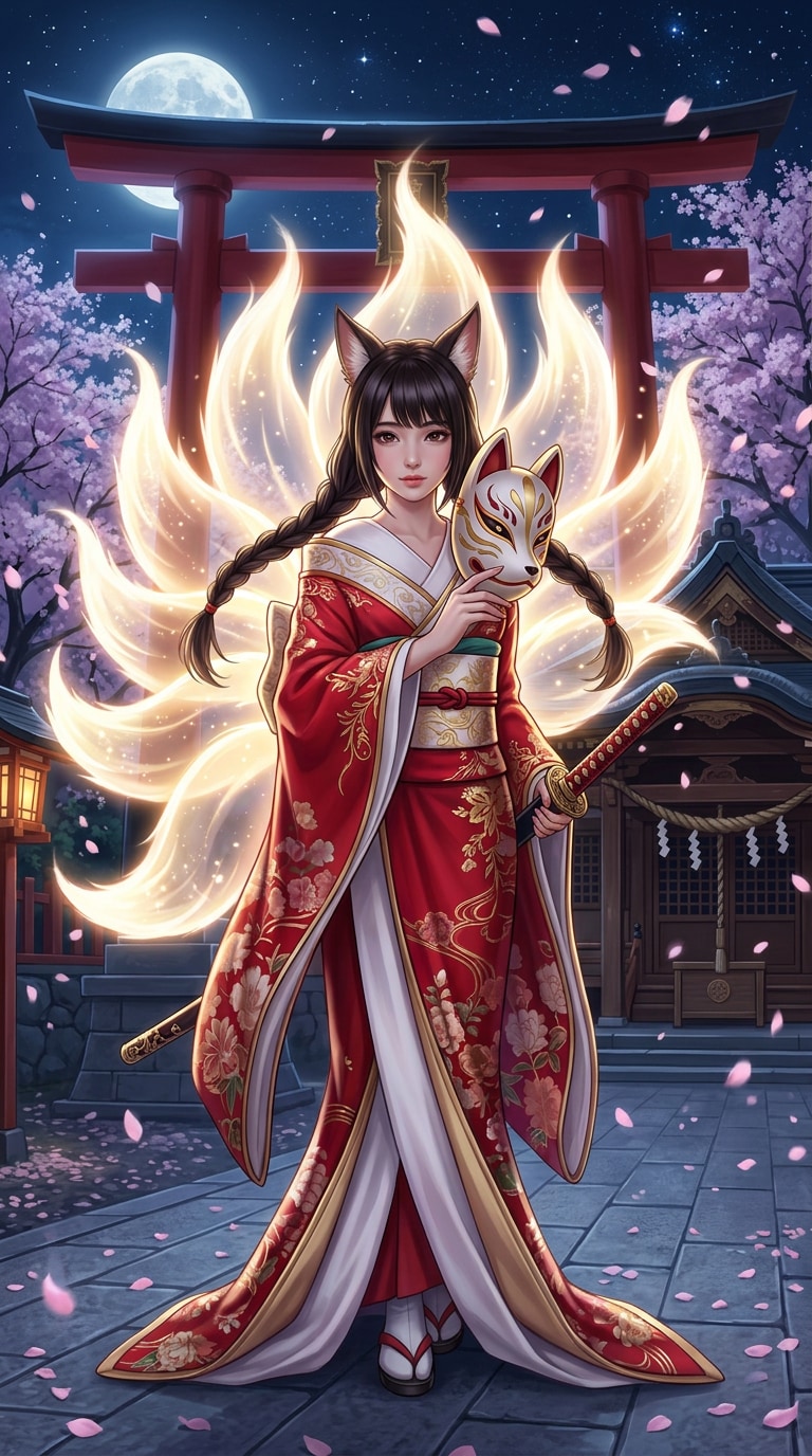 Kitsune yokai AI art prompt for anime Japanese folklore