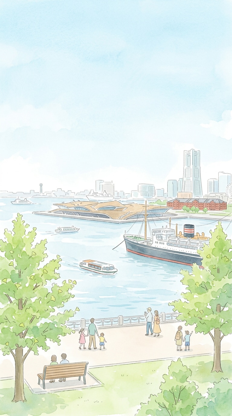 山下公園と横浜港の水彩AI画像プロンプト