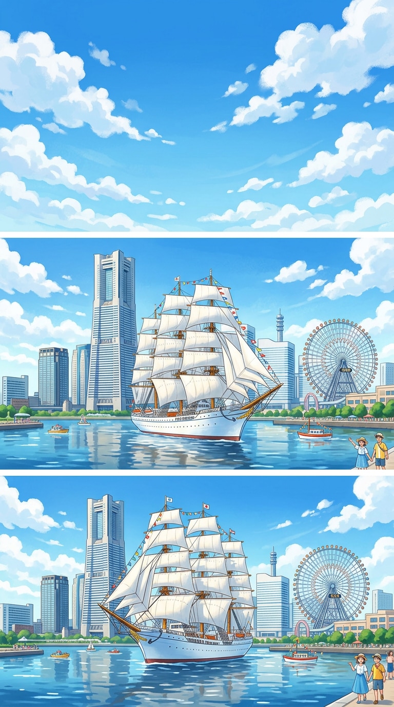 帆船日本丸とみなとみらいのAI画像プロンプト