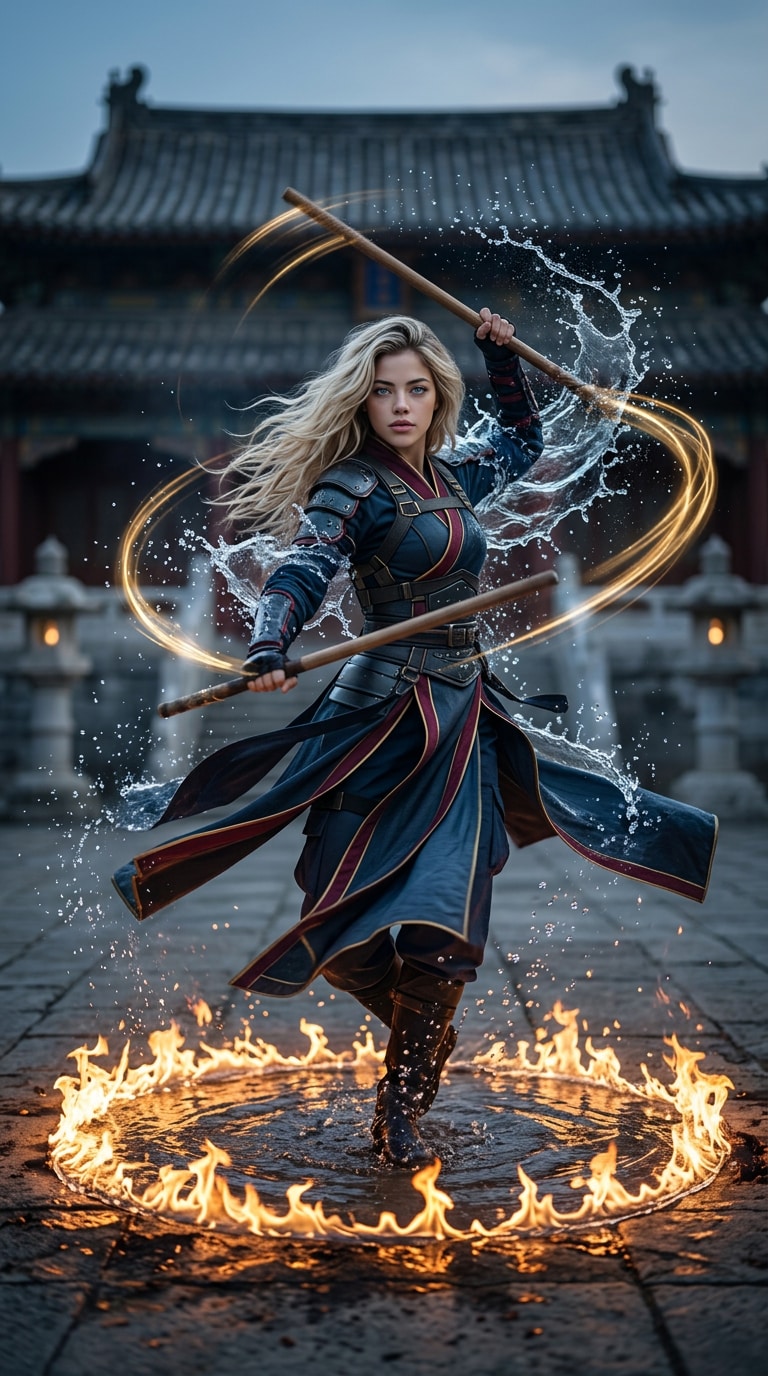 ChatGPT young female warrior AI art with cinematic Korean fantasy armor, dramatic battle lighting, realistic female warrior aesthetic