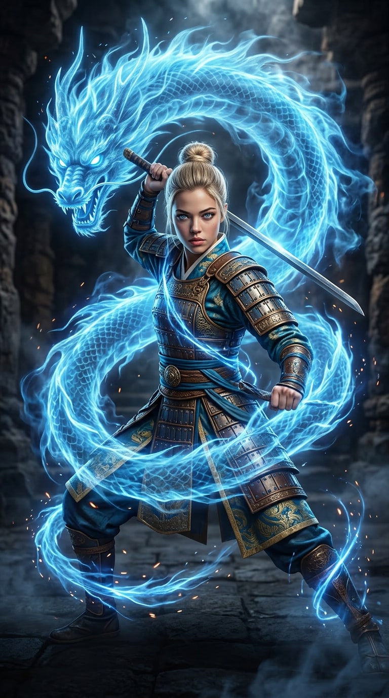 AI Korean female martial warrior generated with ChatGPT prompt, dark fantasy cinematic composition, ultra realistic warrior girl artwork