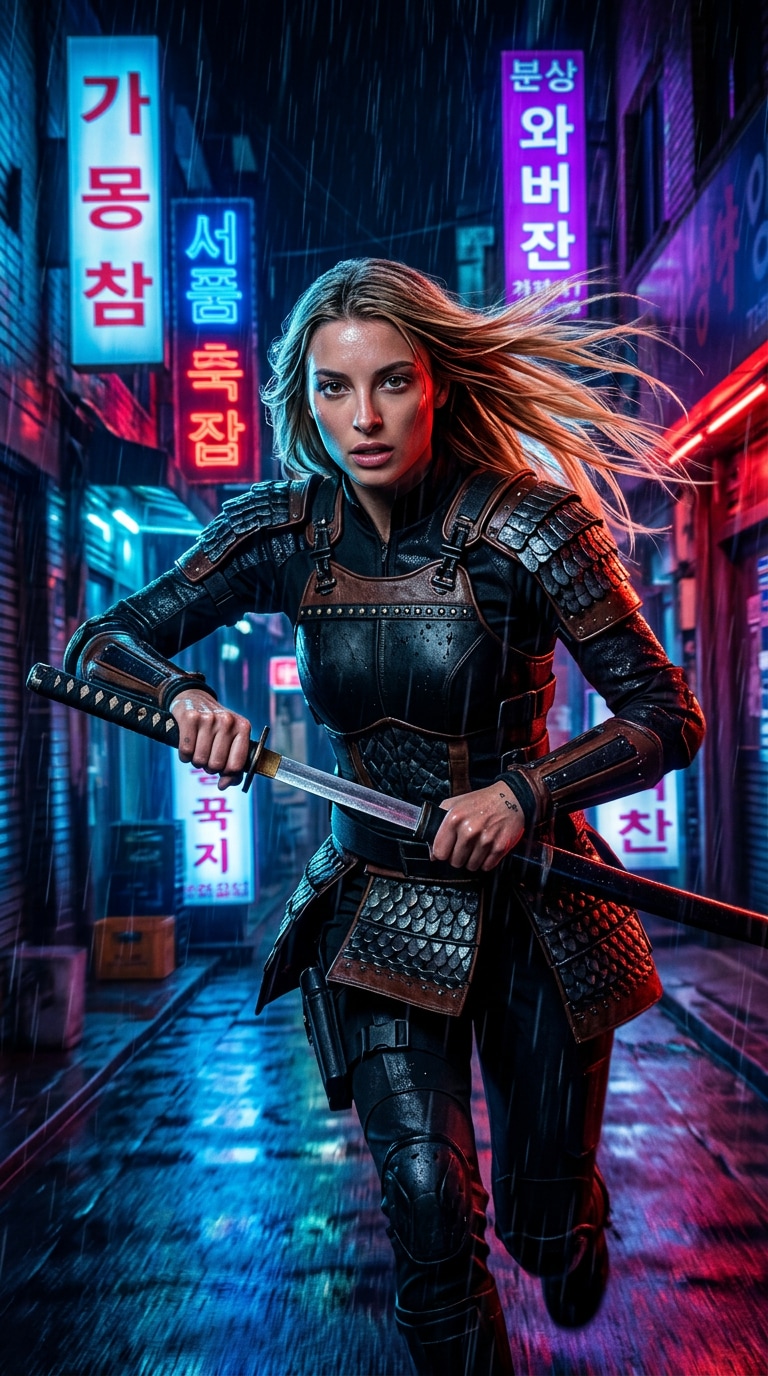 Korean Action Movie Heroine - Young Female Warrior AI Portrait action scene