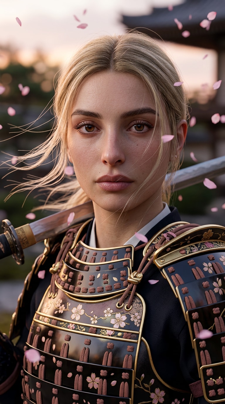 Young Female Samurai Portrait - Young Female Warrior AI Portrait samurai close-up