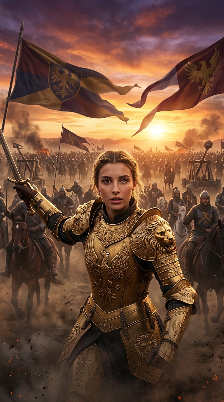 Epic Fantasy Battle Warrior - Young Female Warrior AI Portrait epic scale leadership