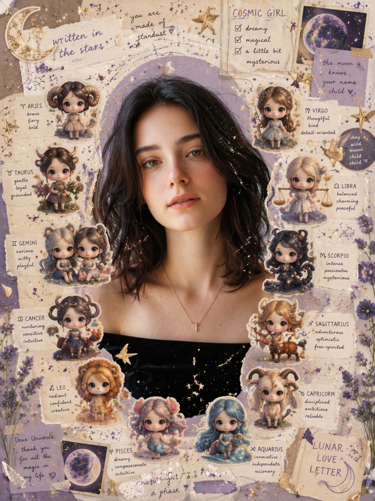 Cosmic Girl Scrapbook Style for viral zodiac AI photo prompt