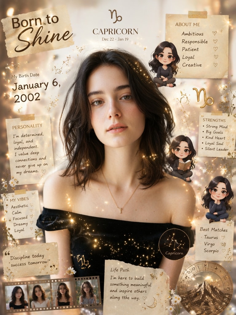 Dreamy zodiac AI photo with chibi astrology collage effect